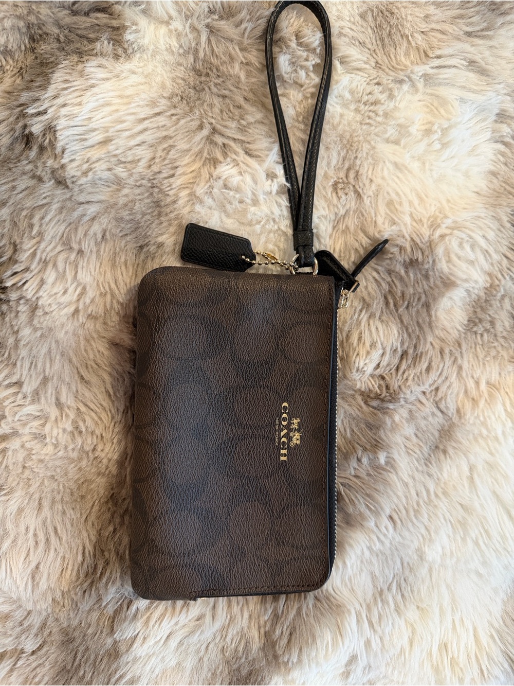 Coach Dark Brown Signature Double-Zip Wristlet with Gold Logo - Picture 4 of 4